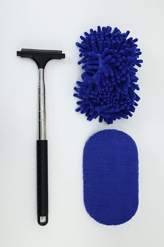 40“ Autowaschbürsten-Kit mit einziehbarem langem Griff, 3-in-1 Mikrofaser-Reinigungsbürsten-Kit Auto-Glasschaber für Auto Wohnmobil-LKW (blau)