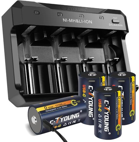 Wiederaufladbare D Batterien mit USB Typ-C Universalladegerät, 4er-Pack 1,5V Lithium D-Zelle 11000mWh Hohe Kapazität, Kompatibel mit AA, AAA, C, D und mehr