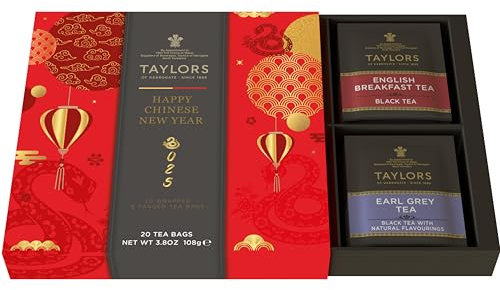 Taylors of Harrogate Chinese New Year Assorted Black Tea Bags Gift Box, English Breakfast, Assam, Darjeeling, & Earl Grey (4 Flavours, Total 20 Bags)