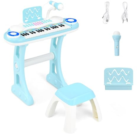 GOPLUS Clavier de Piano à 37 Touches pour Enfant, Piano Numérique Enfant avec Tabouret, Microphone, 8 Sons, Pupitre, Lumières, Jouet Piano Électronique pour Garçon Fille, Bleu