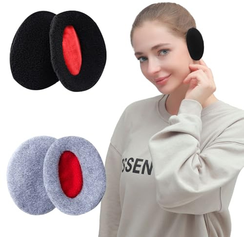 BDSHUNBF 2 Pair Ear Muffs Ear Warmers, Winter Ear Warmers Bandless, Women Earmuffs Ear Bags, Ear Warmer Winter Ear Muffs Winter Polar Fleece Ear Bags Soft Ear (black + gray, M)