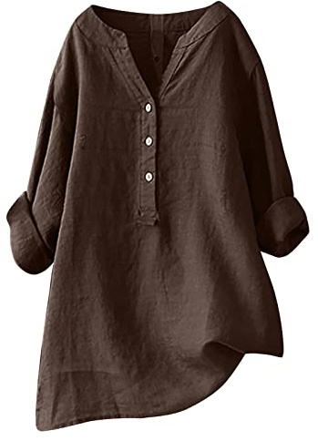 Camiseta Mujer Lino Algodón Manga Larga Camisa Ligero Primavera Verano Moda Casual Cuello en V Botones Color sólido Suelto Cómodo Tops T-Shirt Basic tee Talla Grande Transpirable Blusa 2025