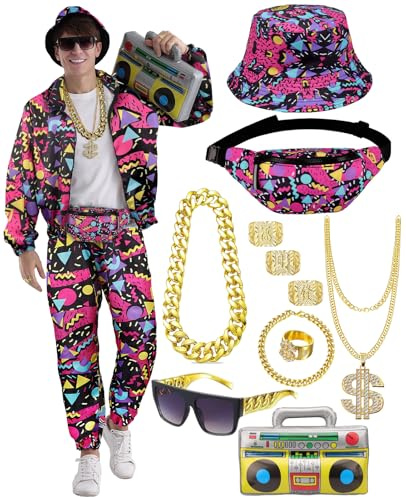 80-tals 90-talet träningsoverall outfit herr, kostym joggingdräkt byxor set, uppblåsbar ghettoblaster magväska solglasögon hatt halsband armband ring, hip hop sportkläder karneval temafest