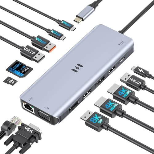 Station d'accueil USB C pour 4 écrans, 13 en 1 Docking Station pour Ordinateur Portable 3 Monitors avec Double HDMI,DP 8K,VGA,10Gbps USB A/C, Charge PD, Multiport Hub USB C pour Windows/macOS Laptop