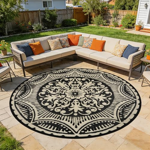 Capslpad Tapis d'extérieur rond - Diamètre : 240 cm - En plastique - Léger - Pour balcon, pique-nique, camping, jardin - Noir