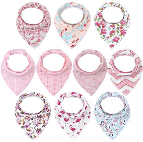 Newthinking Girl Dribble Bibs, 10 Pack Baby Bandana Bibs with Adjustable Snaps, 100% Cotton Girls Baby Drool Bibs for 6-24 Months Newborn and Toddlers