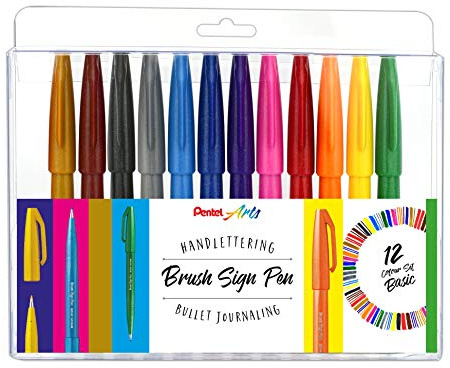 Pentel SES15-12 Brush Sign Pen, Faserschreiber, pinselähnliche Spitze, 12 Stück, farblich sortiert