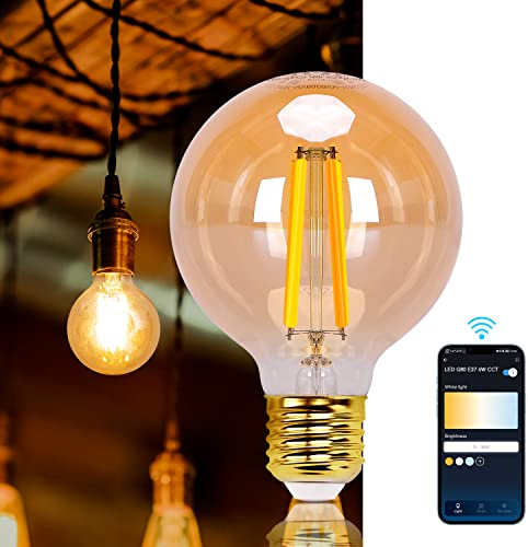 Aigostar Lampadina Vintage Smart, E27 LED 6W Ambra Lampadine Filamento a Globo G80, 806 LM Bianco Caldo Dimmerabile 2700K - 6500K, Compatibile con Alexa e Google Home, 2.4GHz WiFi