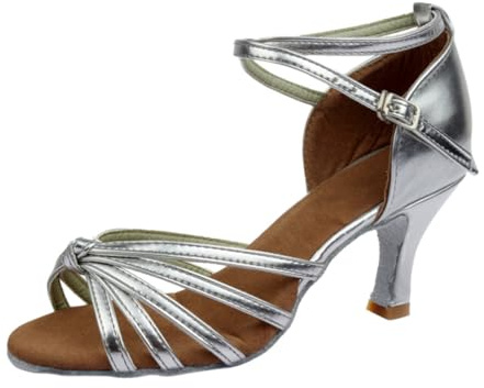 PLAFOPE Silver Latin Dance Shoes for Women Open-Toed High Heels with Knotted Strap Snakeskin Grain Finish Ballroom Dance Heels for Banquet and Indoor Events Size 40