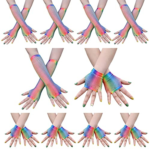 Wooauto Mesh Kostümhandschuhe,10Paar Lang und Kurz Regenbogen Netzhandschuhe Fingerloses Nylon Armstulpen 80er Jahre Partyhandschuhe Abendhandschuhe für Halloween Weihnachten Cosplay-Partys,10 Paare