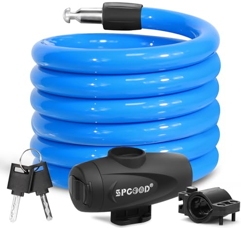 SPGOOD Cerradura de bicicleta 120cm / 12mm, cerradura de cable de bicicleta espiral antirrobo, con dos llaves, adecuada para bicicletas, triciclos, motocicletas, scooters, cochecitos de bebé(Azul)