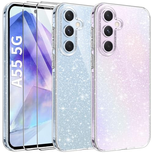 AROYI Coque 3 en 1 Compatible avec Samsung Galaxy A55 5G, étui à Paillettes Silicone Souple TPU Protection Case avec 2 Films de Protection en Verre trempé, Transparent pailleté Protecteur Coque