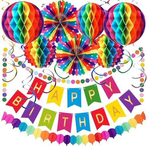 Ceysin Geburtstagsdeko - Premium Wiederverwendbare Party Deko, Geburtstag Deko, Party Zubehör mit Happy Birthday Girlande, Buntes Pompons, Wabenbälle, Dreieckige Farbige Flagge, für Männer Frauen