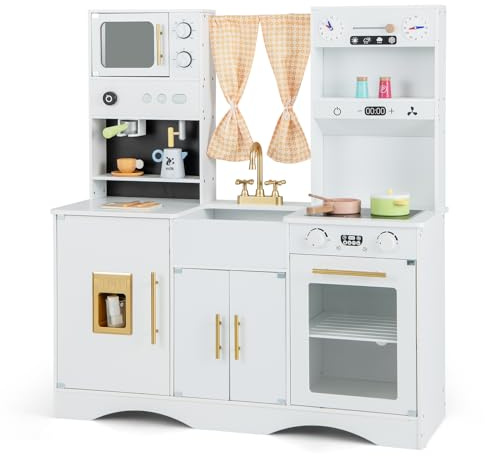 GYMAX Kids Play Kitchen, Wooden Toy Kitchen with Stoves, Microwave, Ice Maker, Oven, Coffee Maker, Clocks & 17 PCS Accessories, Children Kitchen Playset for 3+ Years Old Boys Girls (White)