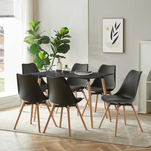 FURNITABLE Matrumsgrupp med 6 stolar, rektangulärt köksbordsset matgrupp för kök matsal och vardagsrum (svart bord + 6 svarta matsalsstolar)