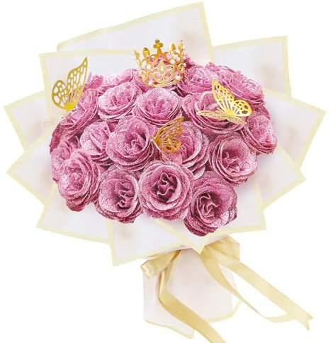 LARDUX Lot de 24 bouquets de roses artificielles à paillettes avec couronne pour Saint-Valentin, mariage, fiançailles, anniversaire (rose)