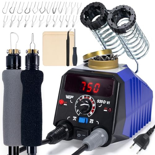 WEP 939D-VI Doppel-Stift-Holzbrenner set 250–750 ℃ mit A/B-Umschalter, 2 abnehmbaren Brandmalkolben, 20 Brennspitzen, Doppelläufigem Halter–Geeignet für Brandmalerei auf Holz und Leder (EU Stecker)
