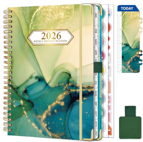 Gumiho Agenda Semainier 2026 Spirale - A5 Planner (Janvier-décembre 2026)-Agenda Scolaire Avec boucle de stylo,Règle Signet & Autocollants de plan (Vert)
