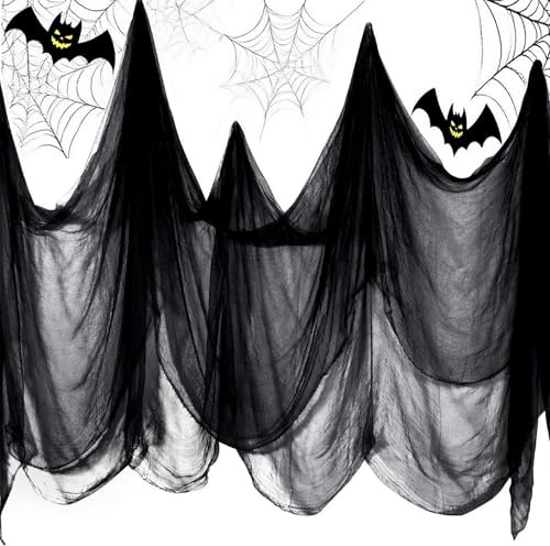 FiveMileBro 215 x 500 cm Tissu Effrayant Gaze Halloween - Halloween Décoration Tissu Sanglant Gothique pour Porte, Rideau, Maison Hantée - Intérieur/Extérieur (noir)