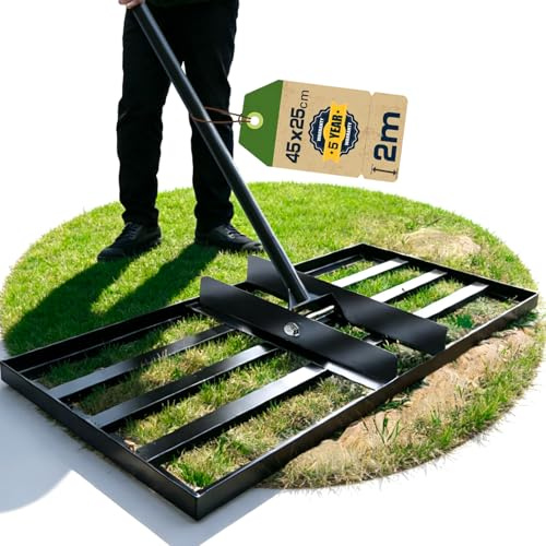 Warmfay Rasenrechen 45x25 cm inkl. 2M Verstellbarem Metallstiel mit Gewinde-Verschraubungssystem, Handlicher & Robuste Rasen Nivellierrechen für Garten, Golfplatz, Rasenpflege, Rasen Sanden