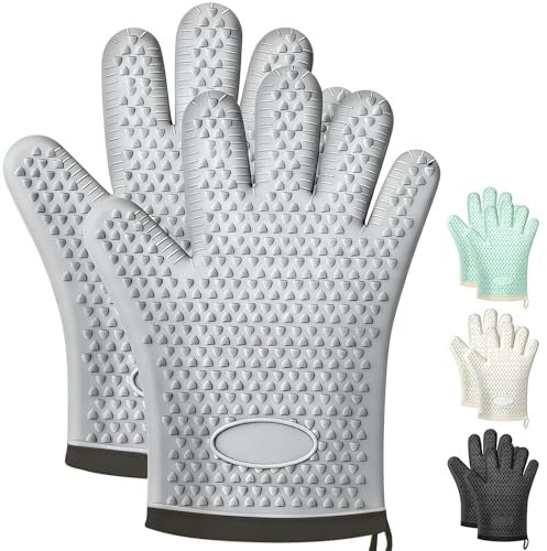 swihorab 2Pack Heat Resistant Oven Mitts for Grilling and Baking, Non-Slip Silicone Gloves, Waterproof Kitchen Mitts with Flexible Fit & Easy to Clean Design, Gray