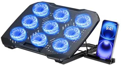 TECKNET Laptop Cooling Pad, Laptop Cooler with 9 Quiet Fans at 2600RPM, laptop cooling stand with Phone Holder, 5 Heights Adjustable, 2 USB Ports, Fits for 12-17 Inch Laptop, Suitable for Gaming Black