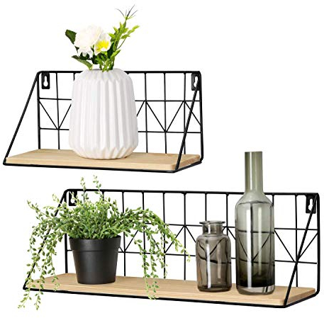 Mkouo Schweberegal Modernes Regalbrett Boho Deko Wandregal Holz Aufbewahrungsregale mit Metalldraht Gestelle Display Regal für Badezimmer Schlafzimmer Wohnzimmer Küche gewürzregal, Beige 2er-Set