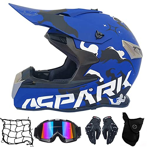 MRDEAR Motorrad Crosshelm Damen Motocross Helm mit Brille (5 Stück), Blau, Off Road Helm Kit Motorradhelm Schutzhelm für ATV Downhill MTB Sicherheit Schutz,L