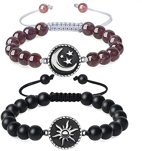 COAI Coppia di Bracciali della Distanza per Lui e per Lei in Onice Opaco e Lepidolite con Amuleto Sole Luna