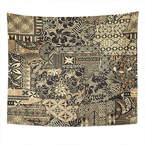 Shenywell Abstract Vintage Tapa Tapestry Wall Hanging 60x80 Inch Pattern Hawaiian Style Flower Hibiscus Tribal Elements Fabric Patchwork Style Can Decorate Bedroom Living Room Dorm
