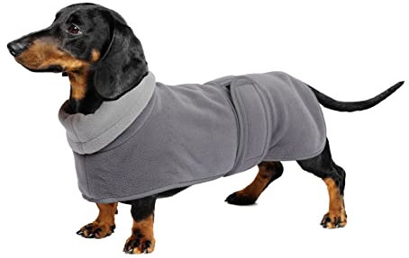 Geyecete-Polarfleece Winter hundemantel fur Dackel,Miniatur Dackel Pullover,Warmes Einstellbar Hundejacke Hundeweste mit Geschirr öffnung-Grau-XS