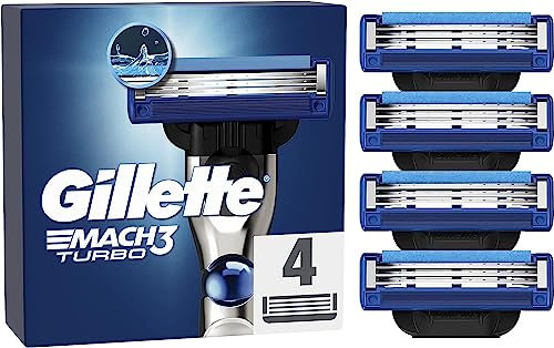 Gillette Mach3 Turbo Razor Blades Men, Pack of 4 Razor Blade Refills, Upgraded Lubrastrip for an Enhanced Glide