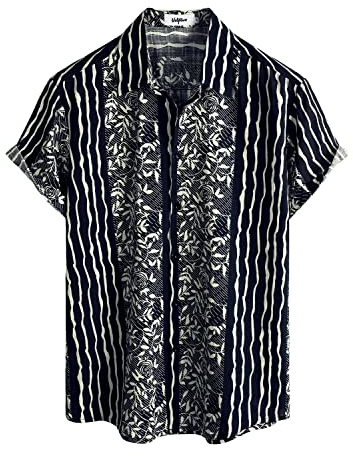 VATPAVE Mens Hawaiian Shirt Short Sleeve Button Down Shirts M Black Beige