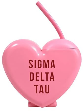Sorority Shop Sigma Delta Tau Tumbler with Straw - Candy Heart Shaped 16 Oz Tumbler with Lid and Silicone Straw, Reusable Plastic Cup with Screen Printed Sorority Name for any Cold Drink