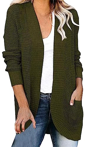 Cárdigan largo para mujer, cárdigan para mujer con bolsillo, chaqueta delgada de longitud media, chaqueta de otoño de manga larga, cárdigan ligero elegante monocolor abrigo de punto abierto