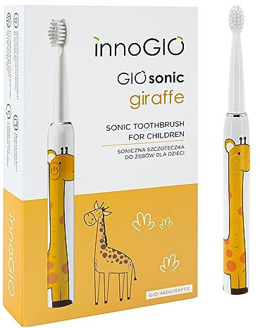 innoGIO GIOsonic Giraffe - Spazzolino da denti elettrico per bambini, ricaricabile USB, manico in silicone, 3 modalità, timer 2 min, adatto per bambini tra 3 e 12 anni, arancione (4 testine incluse)