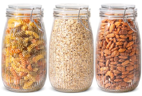 ComSaf Airtight Glass Storage Jar with Lid 1500ml Clip Top Jars Set of 3, Glass Large Storage Containers with Lids, Round Preserving Jar for Pickling, Canning, Pasta, Flour, Cereal, Dry Foods
