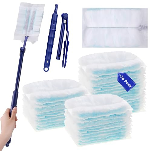 Kssvzz 36 Stück Staubmagnet Nachfüllpack Set, Duster Nachfüllpack Tücher für Swiffer Staubmagnet mit 1er Teleskopstange, staubmagnet teleskopstange von Staub, Schmutz, Tierhaare