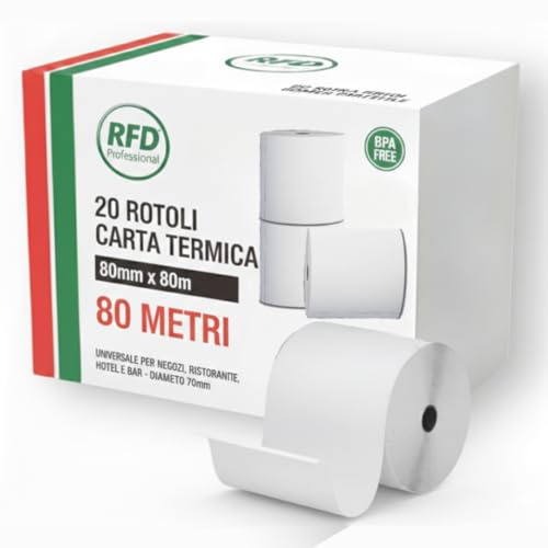 20 Rotoli Carta Termica 80x80x12mm Professionali (80 Metri) | BPA Free & Omologati | Per Registratore di Cassa RT, Stampante Fiscale, Epson, Custom e POS