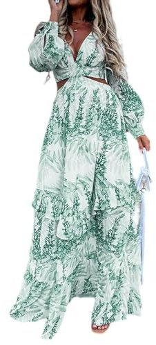 Vestido de Manga Larga Estampado con Cuello en V Nuevo de Verano para mujer-Verde-3XL