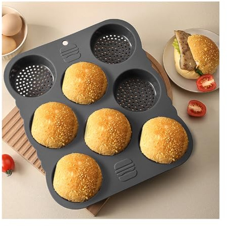 HAOHIZE Burger Buns Backform Silikon Rund, Hamburger Brötchen Pfanne, Brötchen Backform für 8 Mulden, Leicht zu Lösende, Hitzebeständige, Burger Brötchen für Brot, Brownie, Vanillekipferl und Muffins