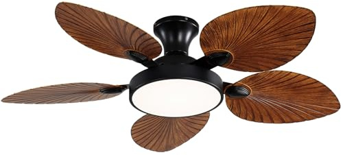 Tropical Ceiling Fan with Lights and Remote Control, 46 Inch Palm Leaf Ceiling Fan for Patio Porch Bedroom Adjustable 6 Speed Reversible Coffee