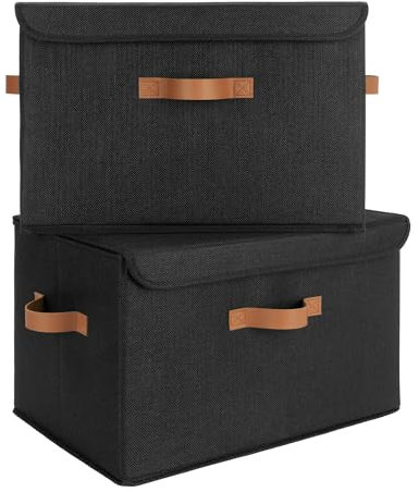GRANNY SAYS Wardrobe Storage Boxes with Lid, Pack of 2 Collapsible Storage Boxes Lidded, Fabric Baskets for Shelves Organising Clothes, Top of Wardrobe Organisation Pretty, Black, 43 x 30 x 29 cm