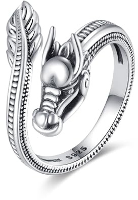 YONFQE Bague dragon en argent sterling 925 - Bague d'ouverture réglable - Bijou mythique - Cadeau pour hommes et femmes, Standard, Argent sterling, Pas de gemme