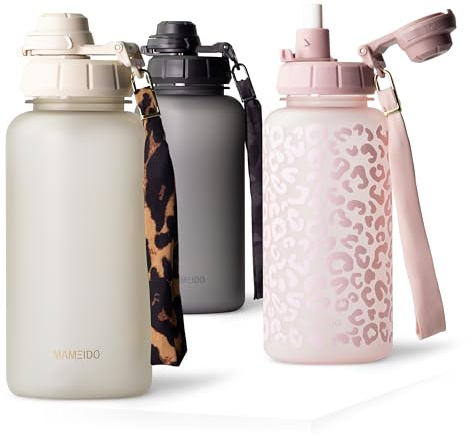 MAMEIDO Borraccia con cannuccia 1 litro motivazionale con indicatore del tempo, Bottiglia sportiva senza BPA palestra antigoccia, Water Bottle (Ivory Beige)
