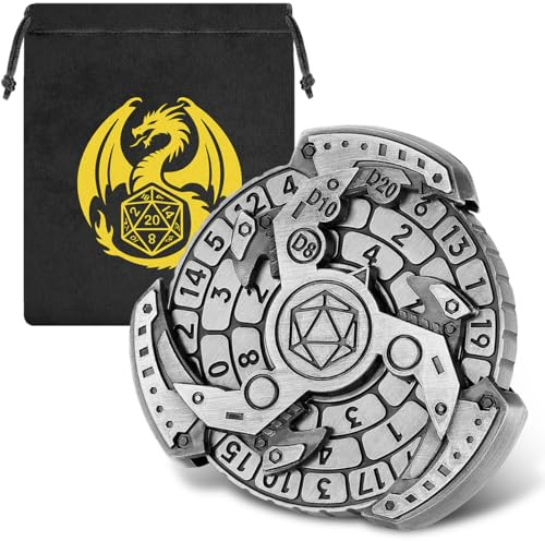 Spinner de Dés DND, Gyroscope du Bout des Doigts, 7-en-1 Métallique DND Dés, Roulette Dés Spinner, Cadeaux D&D avec Sacs Cadeaux Logo Dragon, Jeu de Rôle, Accessoires de Jeu de Société, Argent Foncé