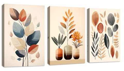 3 Pcs Quadri Moderni Boho Eucalipto Foglia Stampa su Tela Con Cornice, Beige Arancione Botanico Foglie Quadro Pittura su tela Poster da Parete Decorazione Murale Soggiorno Camera da Letto 30x40cmx3