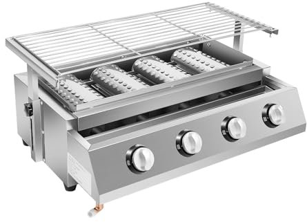 Quemador de acero inoxidable con 4 quemadores, parrilla de gas, parrilla de gas, parrilla de mesa de acero inoxidable con 4 quemadores, con campana de acero y parrilla, color plateado, 57 x 39 x 17,5