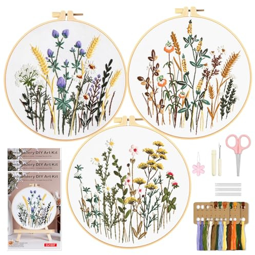 WIVLAX Embroidery Kit for Beginners, 3 Pack DIY Stitch Craft Set, Floral Pattern, with Hoop, Thread and Needles, Sewing Gift for Women and Teens