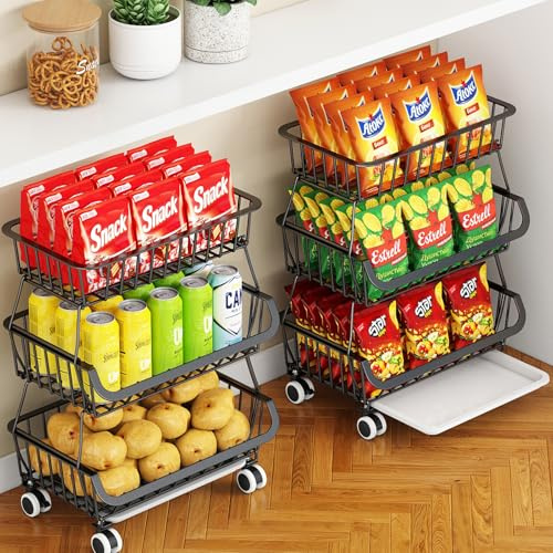 Miyawell 3-Tier Rolling Pantry Cart with Wheels, Stackable Wire Storage Floor Organizer for Kitchen Pantry Snack Shelves, Fruit Basket Stand, Vegetable Storage Rack for Food Snacks Onion Potato